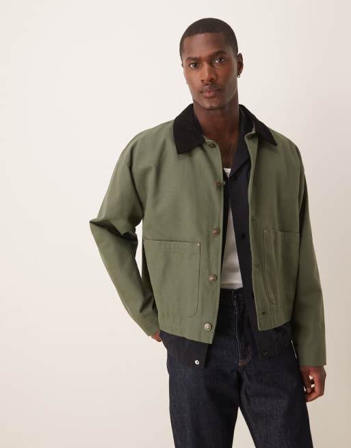 ASOS DESIGN oversized harrington jacket with cord collar in washed khaki
