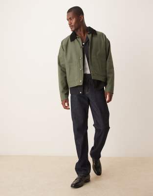 ASOS DESIGN oversized harrington jacket with cord collar in washed khaki