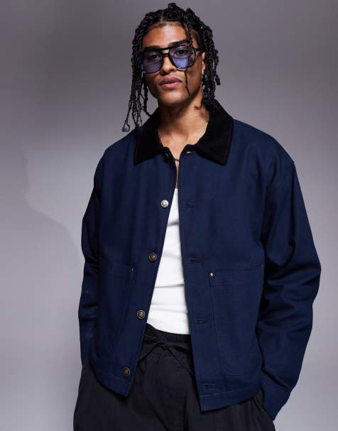 ASOS DESIGN oversized harrington jacket with cord collar in washed navy - view 1