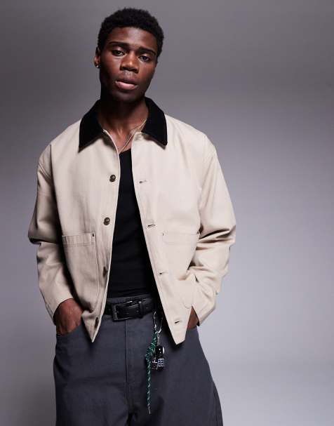 ASOS DESIGN oversized harrington jacket with cord collar in washed stone - view 1