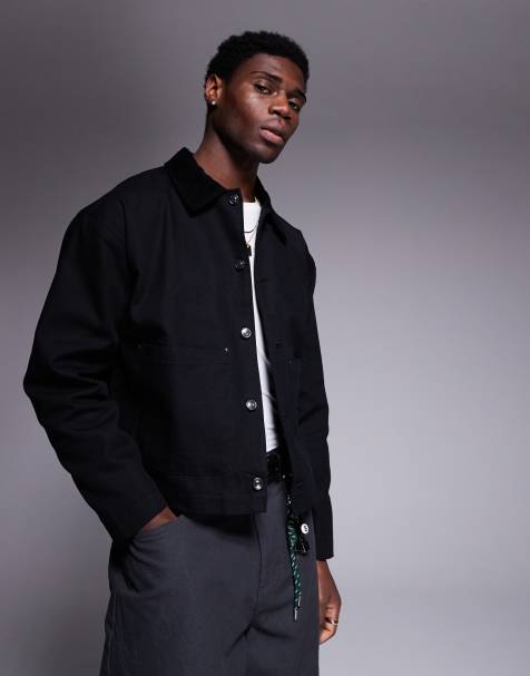 ASOS DESIGN oversized harrington jacket with corduroy collar in washed black - view 1