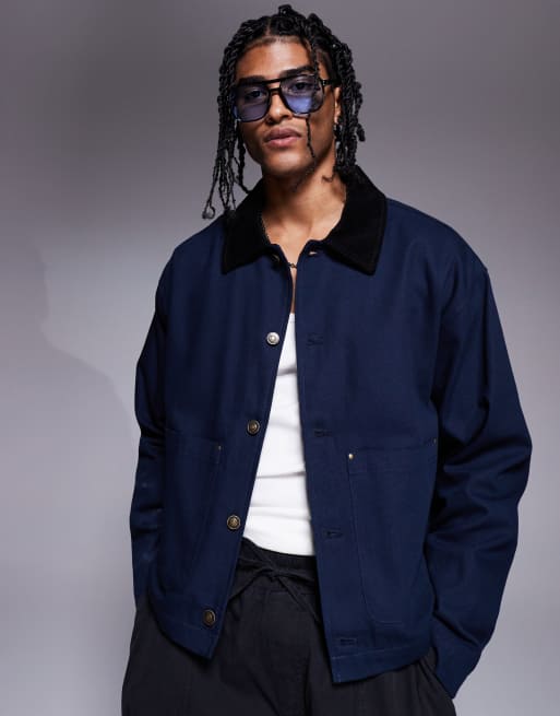 ASOS DESIGN oversized harrington jacket with corduroy collar in washed navy