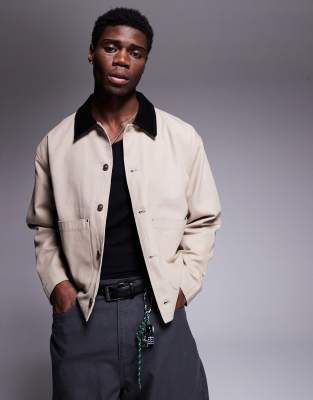 Asos Design Oversized Harrington Jacket With Corduroy Collar In Neutral