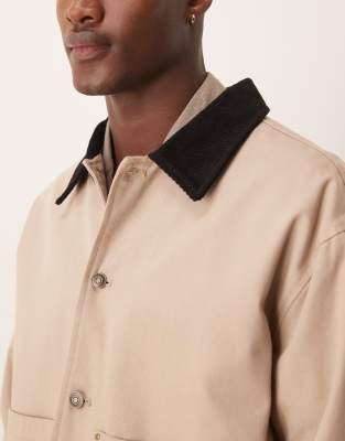 Asos Design Oversized Harrington Jacket With Corduroy Collar In Neutral