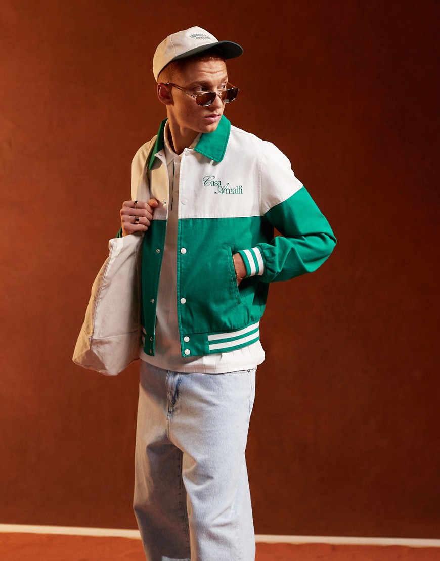 oversized Harrington jacket with embroidered stitch detail in white and green