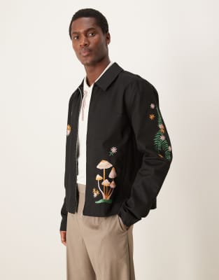 oversized harrington jacket with embroidery in black