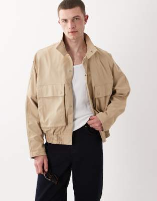 Asos Design Oversized Harrington Jacket With Funnel Neck In Brown