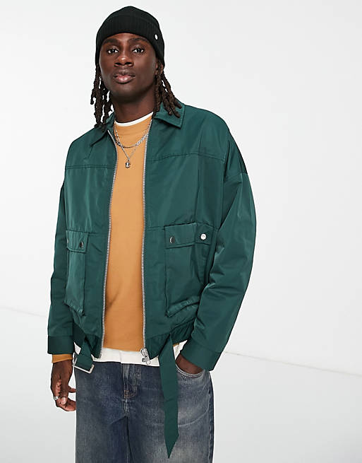ASOS DESIGN oversized harrington jacket with pockets and belt detail in  green