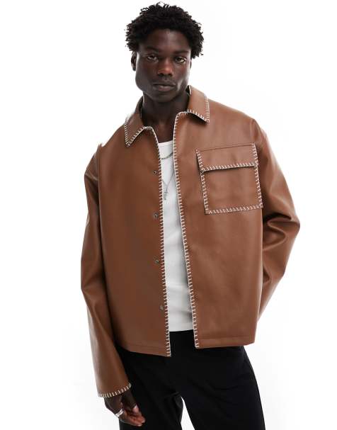 ASOS DESIGN - Oversized Harrington-jakke med kontrastsyninger i brunt og imiteret læder - view 1