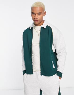 Asos Design Oversized Harrington Jersey Jacket In Green - Part Of A Set-white