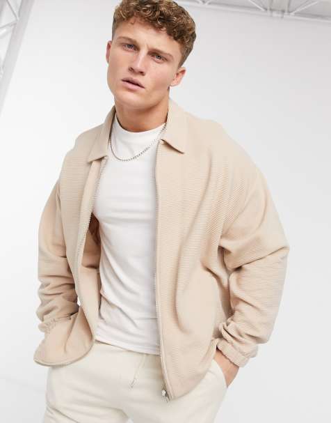 ASOS DESIGN oversized harrington jersey jacket in rib beige - view 1