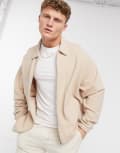 [ASOS DESIGN] ASOS DESIGN oversized harrington jersey jacket in rib beige-Neutral S Doe skin