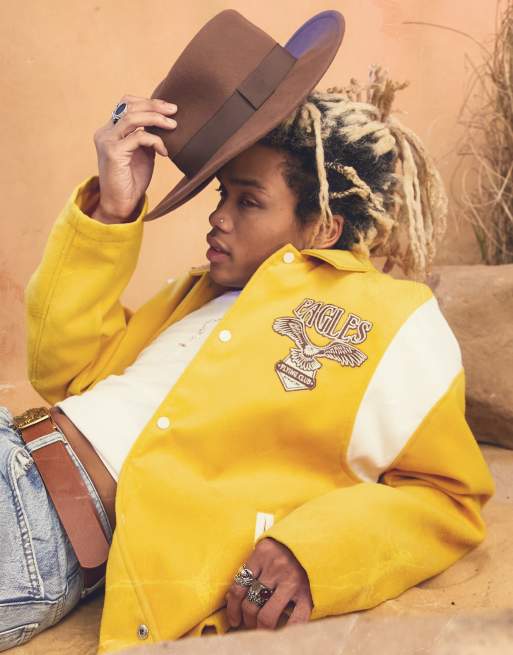 ASOS DESIGN oversized Harrington varsity jacket in mustard with badging