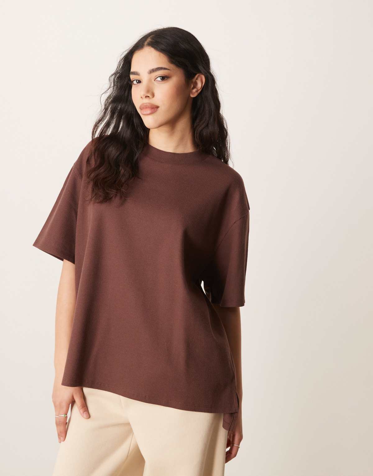 ASOS DESIGN oversized heavy weight t-shirt with side splits in waffle in chocolate