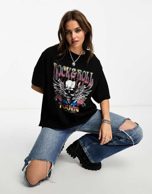 ASOS DESIGN oversized heavy weight with splits with rock band graphic in black | ASOS