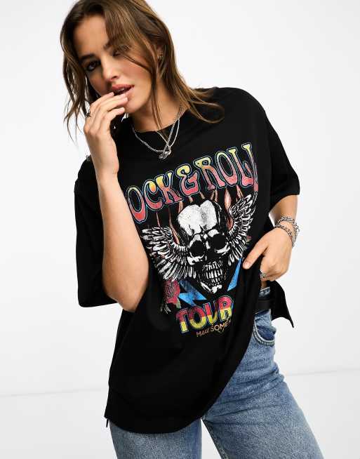ASOS DESIGN oversized heavy weight t-shirt with side splits with rock band graphic in black, 2 of 4