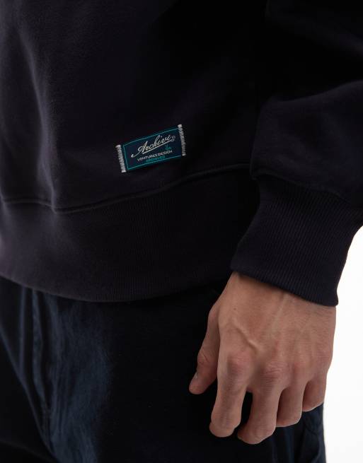 ASOS DESIGN oversized heavyweight 400gsm high neck sweatshirt with woven badge in navy, 4 of 5