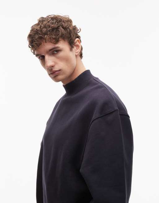 ASOS DESIGN oversized heavyweight 400gsm high neck sweatshirt with woven badge in navy, 5 of 5