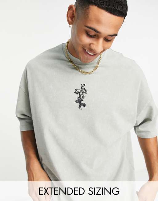 ASOS DESIGN oversized heavyweight acid washed t-shirt in green with flower  embroidery