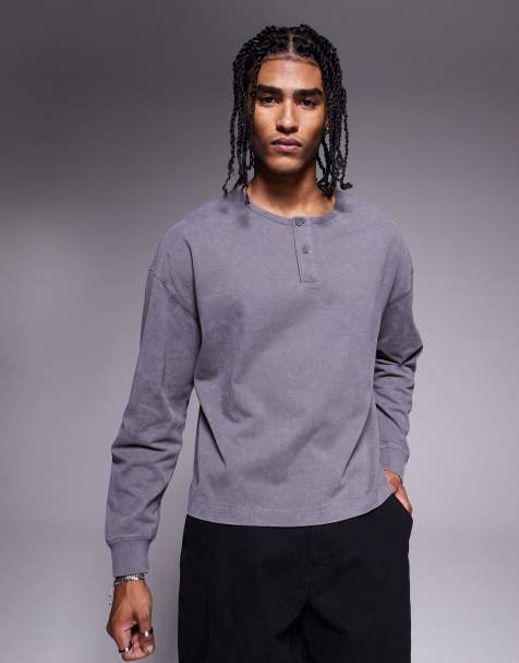 ASOS DESIGN oversized heavyweight boxy long sleeve washed henley 220gsm in gray - view 1