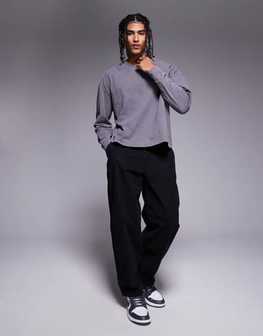 ASOS DESIGN oversized heavyweight boxy long sleeve washed henley 220gsm in gray