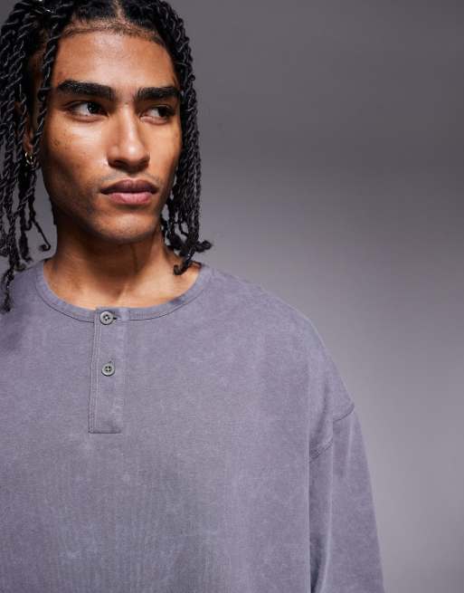 ASOS DESIGN oversized heavyweight boxy long sleeve washed henley 220gsm in gray