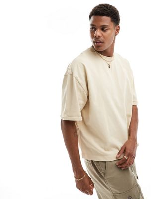ASOS DESIGN oversized heavyweight boxy rolled sleeve t-shirt in beige-Neutral