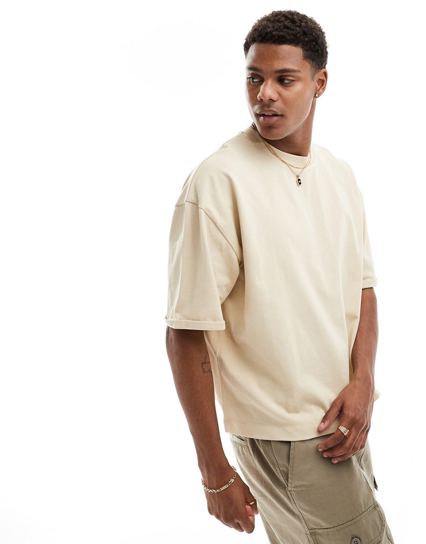 ASOS DESIGN oversized heavyweight boxy rolled sleeve t-shirt in beige-Neutral