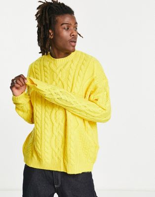 ASOS DESIGN oversized heavyweight cable knit jumper in yellow