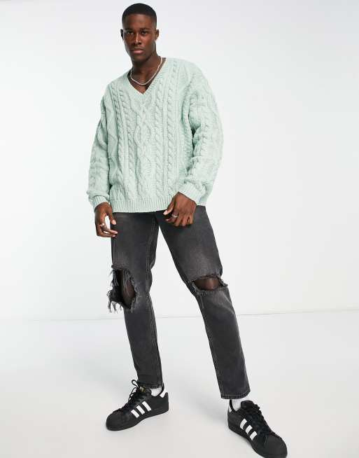 ASOS DESIGN oversized heavyweight cable knit v-neck sweater in mint