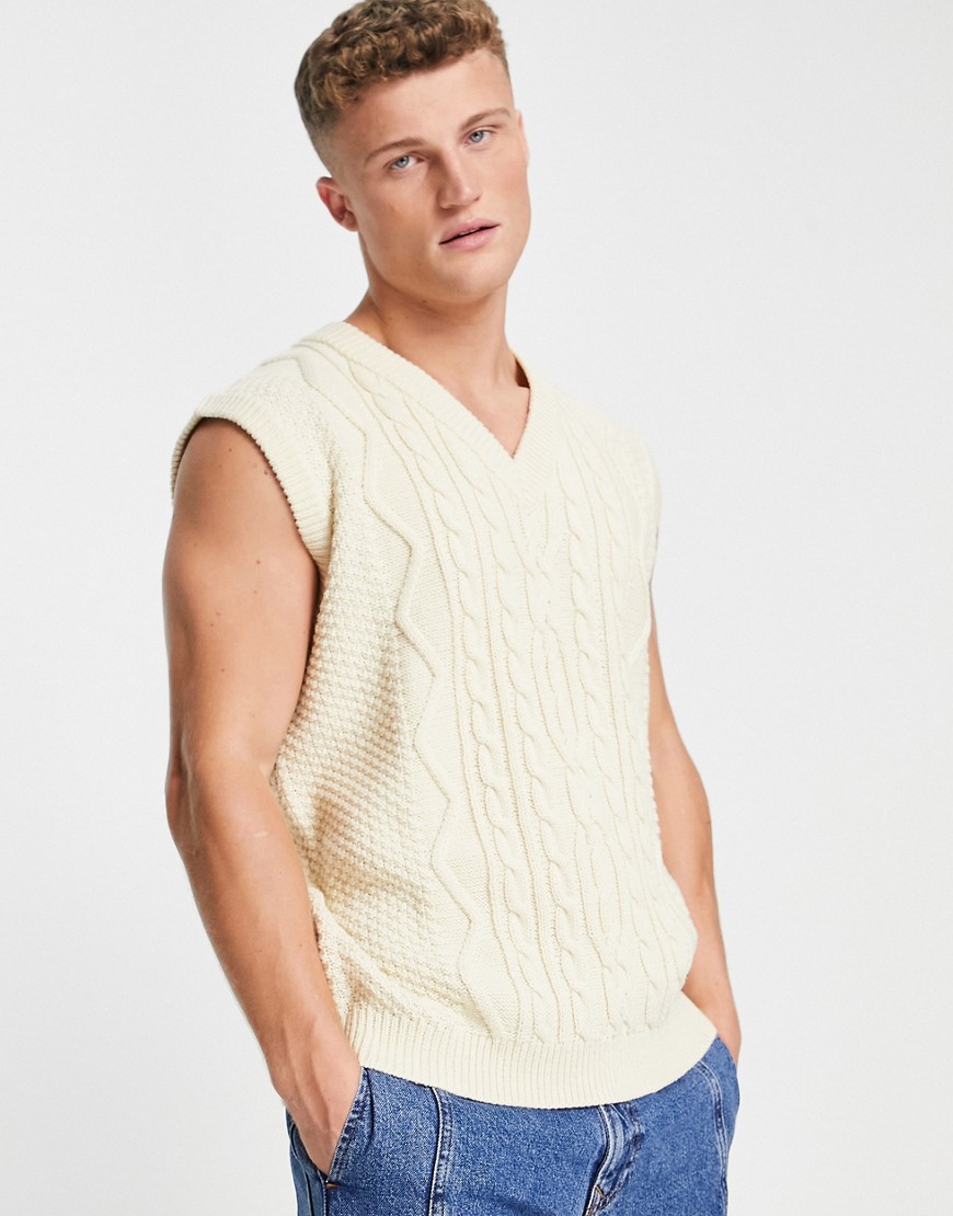 ASOS DESIGN oversized heavyweight cable knit v-neck tank in ecru-White