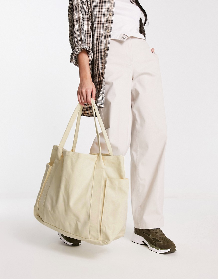 Asos Design Oversized Heavyweight Canvas Tote Bag In Ecru-brown