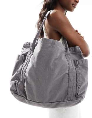 Asos Design Oversized Heavyweight Canvas Tote In Washed Gray