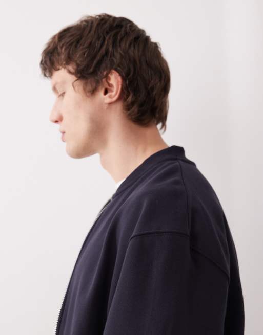 ASOS DESIGN oversized heavyweight jersey bomber jacket in navy - NAVY, 4 of 5