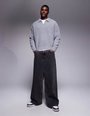 Asos Design Oversized Heavyweight Knit Quarter Zip Polo Sweater In Gray