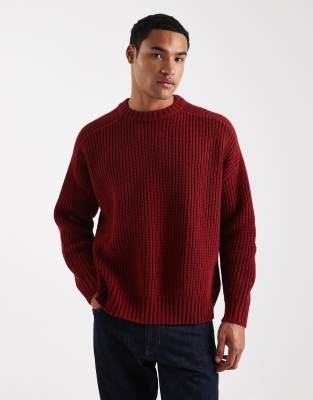 Asos Design Oversized Heavyweight Knit Ribbed Crew Neck Sweater In Red