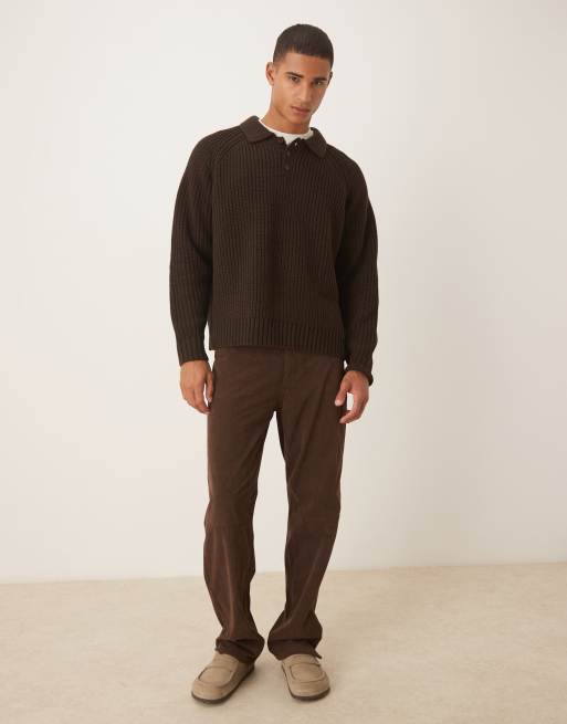 ASOS DESIGN oversized heavyweight rib knit polo sweater in brown