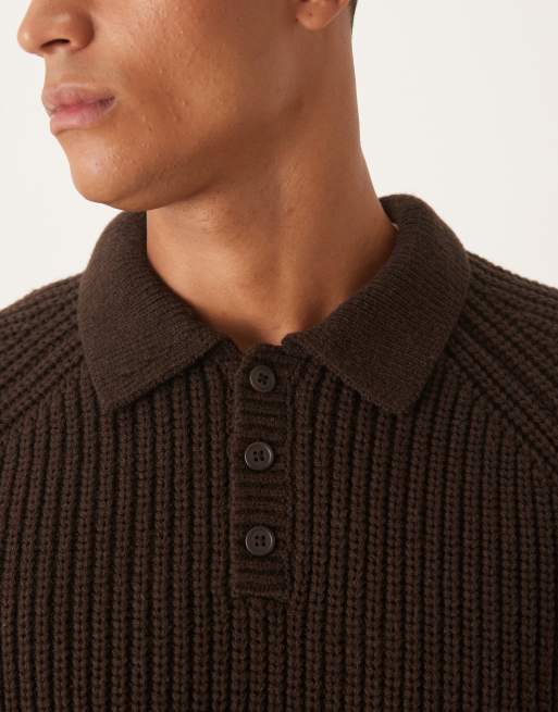 ASOS DESIGN oversized heavyweight rib knit polo sweater in brown