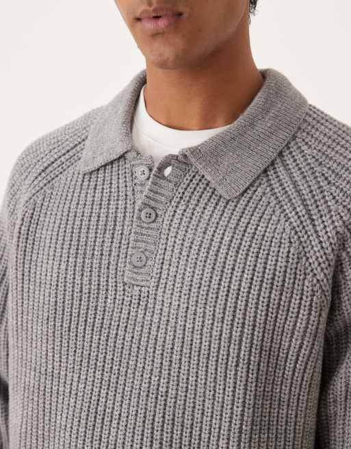 ASOS DESIGN oversized heavyweight knit wool blend ribbed polo sweater in heather gray