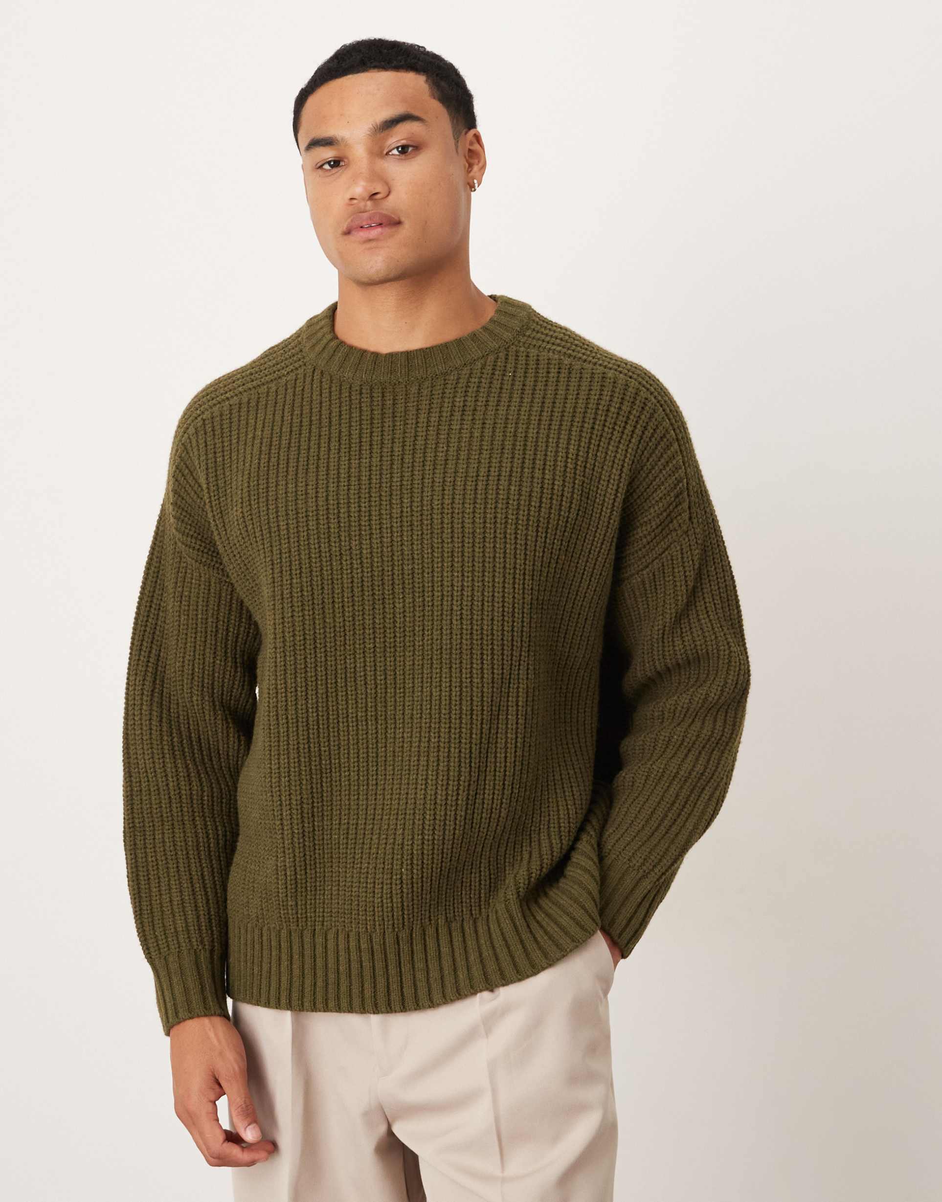 ASOS DESIGN oversized heavyweight knit wool blend ribbed sweater in khaki heather