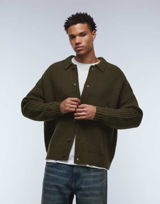 ASOS DESIGN oversized heavyweight knitted button through cardigan in khaki