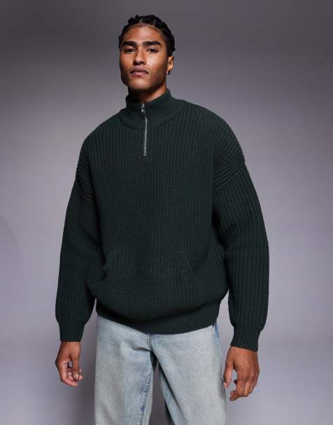 ASOS DESIGN oversized heavyweight knitted half zip jumper in khaki - view 1