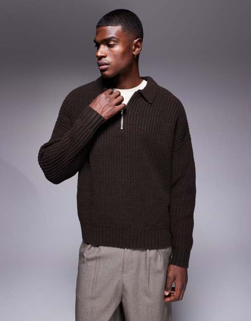 ASOS DESIGN oversized heavyweight knitted quarter zip polo jumper in brown
