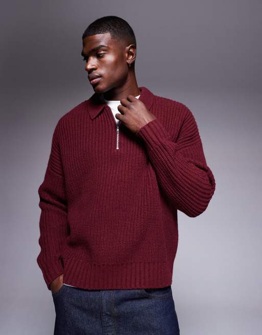 ASOS DESIGN oversized heavyweight knitted quarter zip polo jumper in burgundy