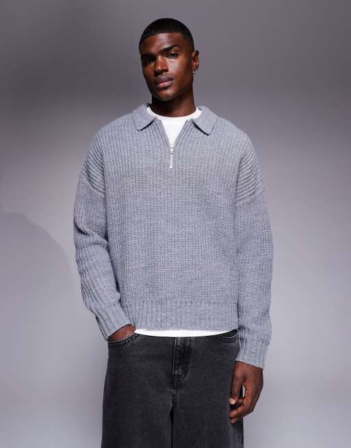 ASOS DESIGN oversized heavyweight knitted quarter zip polo jumper in grey marl