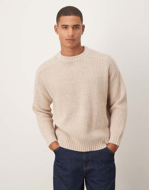  ASOS DESIGN oversized heavyweight knitted rib crew neck jumper in beige marl