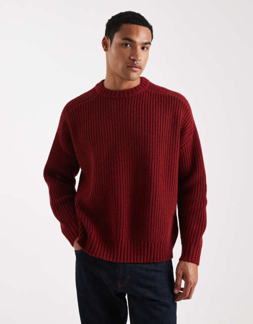  ASOS DESIGN oversized heavyweight knitted rib crew neck jumper in burgundy