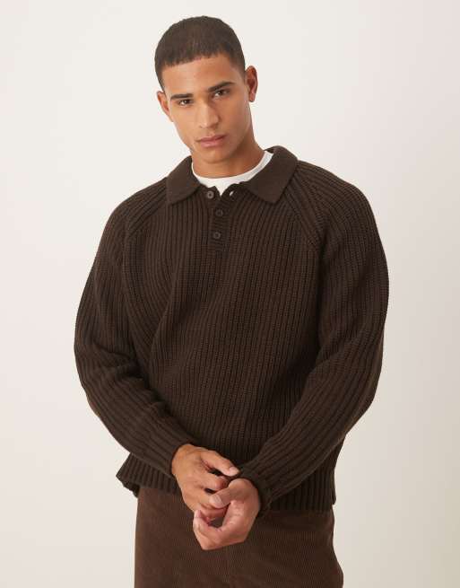 ASOS DESIGN oversized heavyweight knitted rib polo jumper in brown
