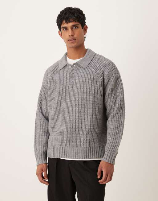 ASOS DESIGN oversized heavyweight knitted wool blend quarter zip polo jumper in grey marl