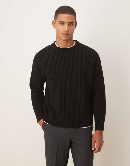 ASOS DESIGN oversized heavyweight knitted wool blend rib crew neck jumper in black